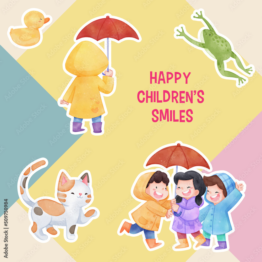 Sticker template with children rainy season concept,watercolor style Sticker template with children rainy season concept,watercolor style