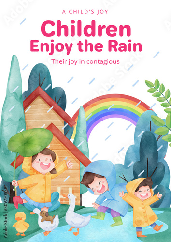 Poster template with children rainy season concept,watercolor style