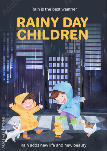 Poster template with children rainy season concept,watercolor style