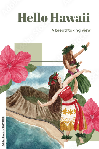 Poster template with aloha Hawaii concept,watercolor style