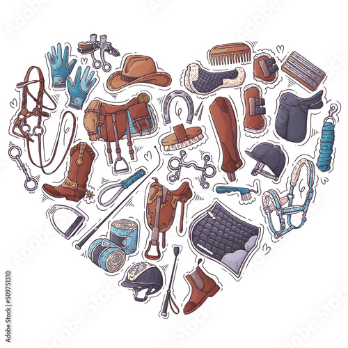 Collection equestrian equipment. Horse ammunition and rider clothing for backgrounds, wallpapers, textile, postcards, t-shirt prints. Set elements for horses. Vector hand drawn style illustration.