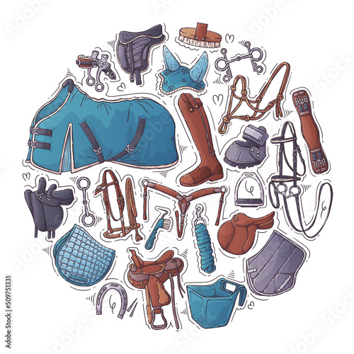Collection equestrian equipment. Horse ammunition and rider clothing for backgrounds, wallpapers, textile, postcards, t-shirt prints. Set elements for horses. Vector hand drawn style illustration.