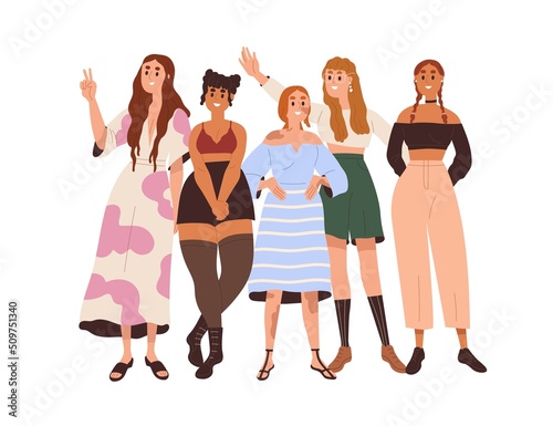 Group of happy diverse women. Different girls community, team portrait. Beauty diversity, sisterhood, inclusion concept. Modern feminists. Flat vector illustration isolated on white background