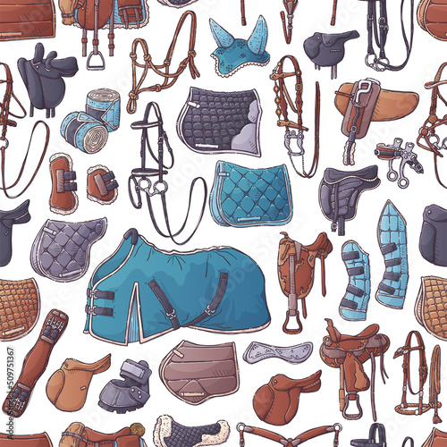 Horse ammunition and rider clothing. Seamless pattern of equestrian equipment for wrapping, backgrounds, wallpapers, textile composition. Elements for horses. Vector hand drawn style illustration.