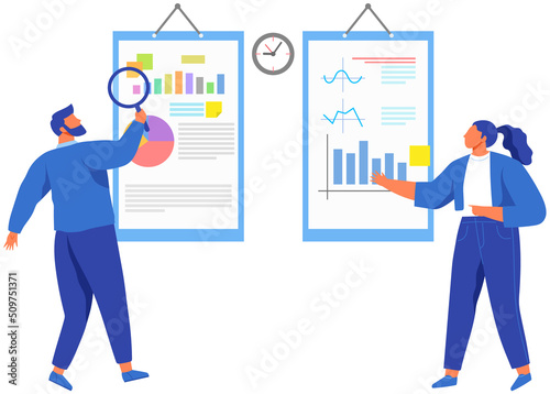 Reading report, survey concept. Man with magnifying glass looking for information in text document. Employee analyzes term of contract. Analysis data launch of new business project. Check startup data