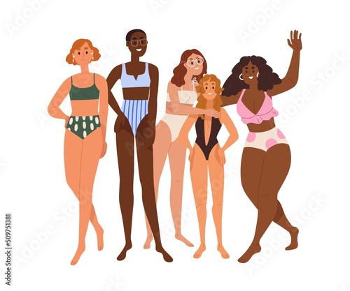 Happy diverse women in swimwear, bikini portrait. Girls group of different race, skin color, height, weight. Diversity, body positivity concept. Flat vector illustration isolated on white background