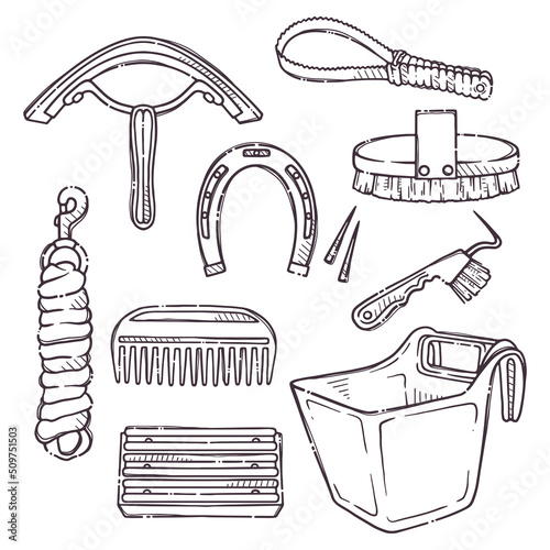 Horse care accessories. Collection equestrian objects for backgrounds, wallpapers, textile, postcards, t-shirt prints. Set elements for horses. Vector hand drawn style illustration.