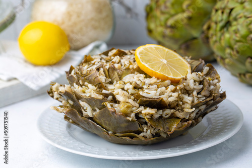 Fresh delicious stuffed artichoke, best Turkish food. Turkish name; Zeytinyagli Enginar Dolmasi photo