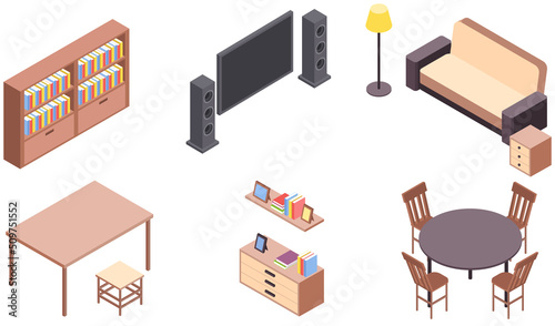 Modern interior of living room. Cosy furnished apartment. Comfy flat with table, chairs, stool, bookshelf, tv, home theater, bookcase, lamp and decorations on white background, elements of furniture