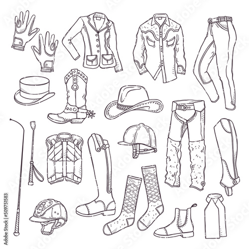 Hand drawn equestrian equipment collection Vector. Rider clothing.