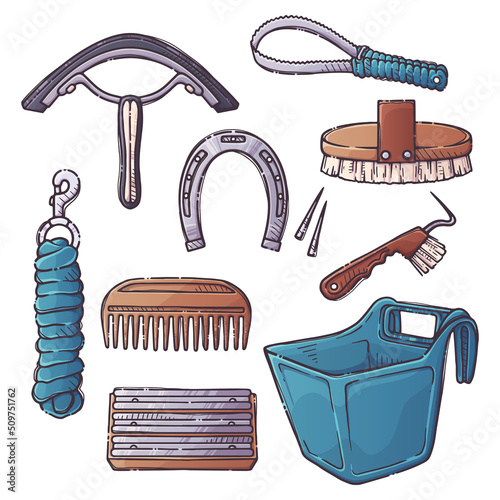 Horse care accessories. Collection equestrian objects for backgrounds, wallpapers, textile, postcards, t-shirt prints. Set elements for horses. Vector hand drawn style illustration.