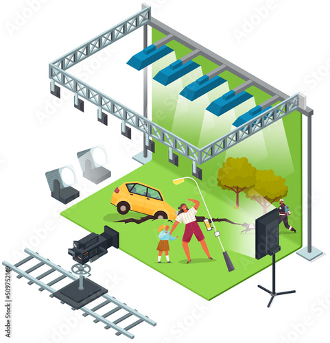 Process of filming in pavilion. Shooting scene with characters for movie about apocalypse. Work on making film for cinema in studio, film creation concept. Actors play role and work by script on set