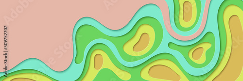 Paper cut Banner background in multicolor. Abstract paper art fansy shape. Vector design Wavy geometric liquid flow graphic.
