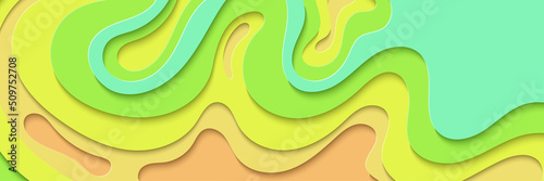 Paper cut Banner background in multicolor. Abstract paper art fansy shape. Vector design Wavy geometric liquid flow graphic.
