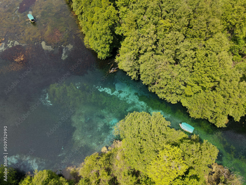 Drone view at the fresh water source of Saint Naum in Macedonia