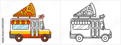 Pizza van coloring page for kids. Cartoon truck
