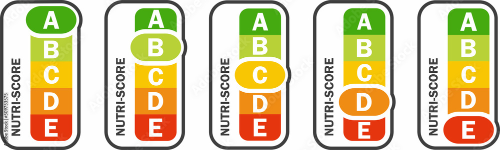 Nutri-score vertical icons set. Isolatad Nutriscore stickers for packaging on white background. Food rating system signs : A, B, C, D, E. Vector illustration. - obrazy, fototapety, plakaty 
