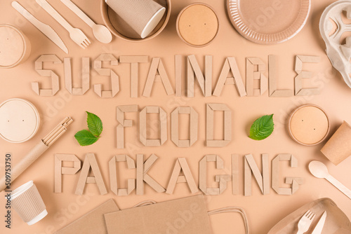 Sustainable food packaging concept - paper utensils, wooden cutlery set, paper cups, plates, bags and food containers over light brown background. Flat lay
