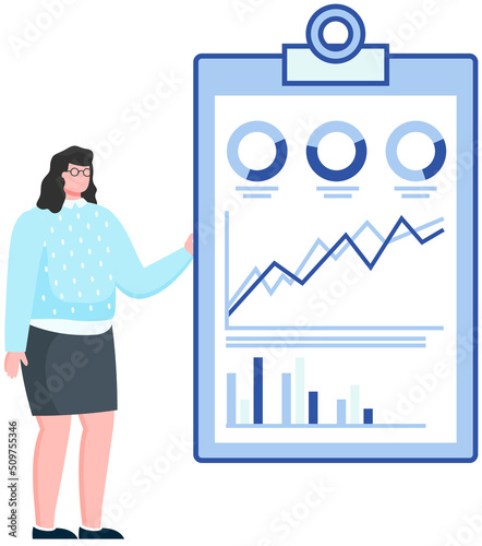 Analytics and development statistics. Web analysis measure, product testing technology. Woman analyses digital report. Statistical indicators and data on diagram. Graphic information visualization