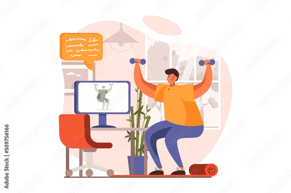 Fitness web concept in flat design. Man in sports uniform does strength exercises with dumbbell and exercising with video lesson. Sportswoman training at home. Illustration with people scene