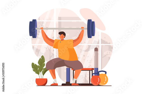 Fitness web concept in flat design. Man does strength exercises with barbell in gym and other equipment. Athlete is engaged in bodybuilding and weightlifting. Illustration with people scene