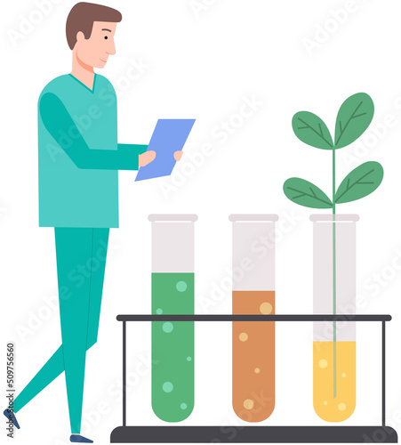 Scientist makes laboratory analysis. Idea of education, chemistry, science. Biologist studies plant in test tube with liquid. Biological research, experiment with reagent in lab vector illustration