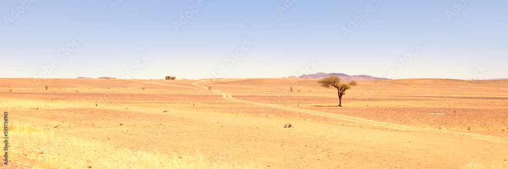 Camino, acacia, camión y montaña en el desierto de Marruecos