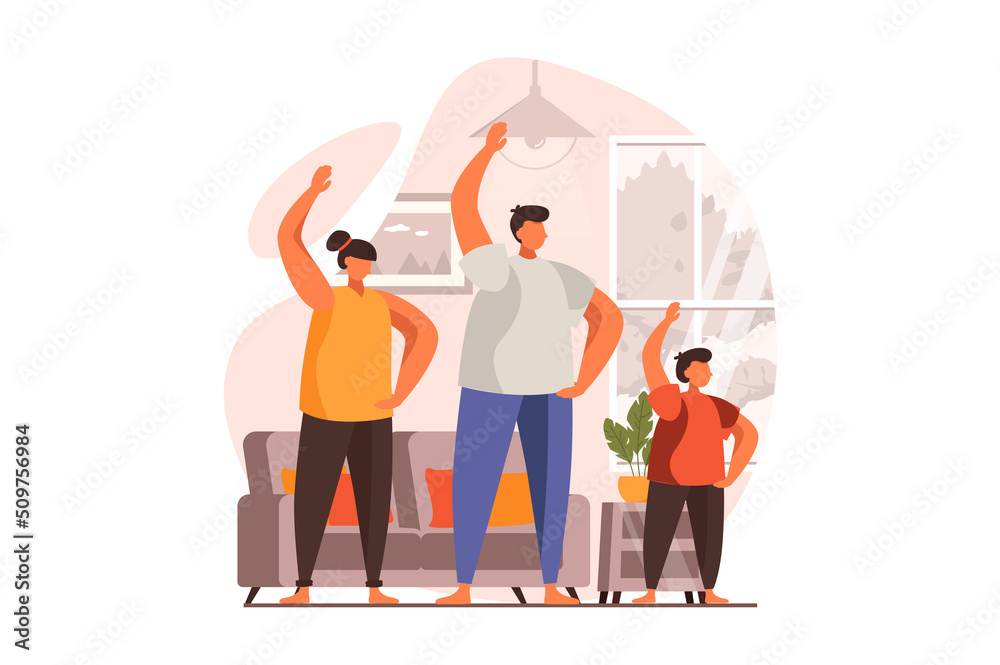 Obraz premium Healthy families web concept in flat design. Happy father, mother and son doing morning exercises together in living room. Parents and child at sports training. Illustration with people scene