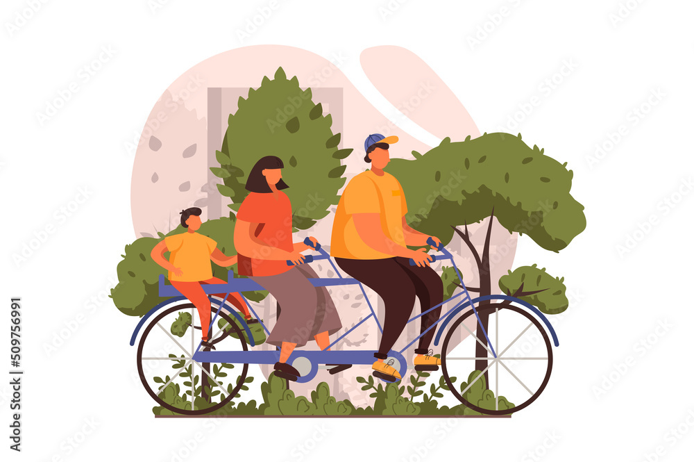 Healthy families web concept in flat design. Happy father, mother and son riding tandem bicycle at city park. Parents and child cycling bike together outdoors. Illustration with people scene