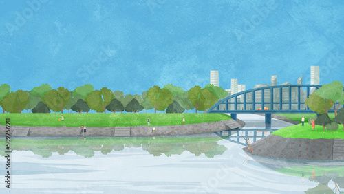 橋の架かる川沿いの風景手書き水彩風イラスト