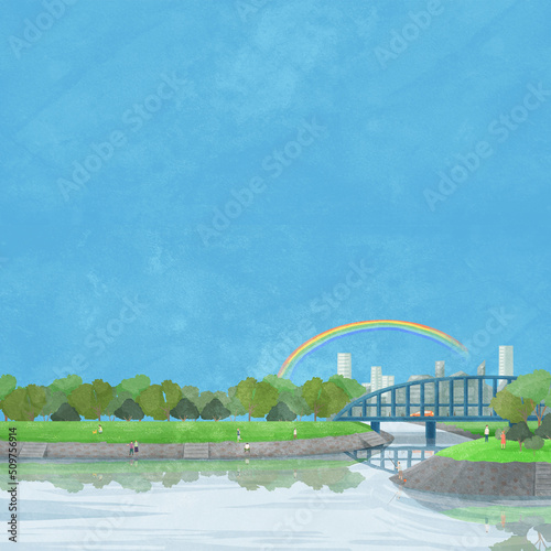 橋の架かる川沿いの風景手書き水彩風イラスト
