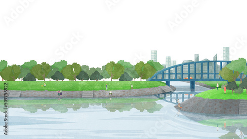 橋の架かる川沿いの風景手書き水彩風イラスト