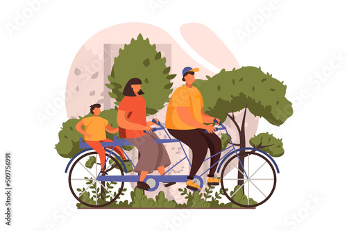 Fototapeta Naklejka Na Ścianę i Meble -  Healthy families web concept in flat design. Happy father, mother and son riding tandem bicycle at city park. Parents and child cycling bike together outdoors. Illustration with people scene