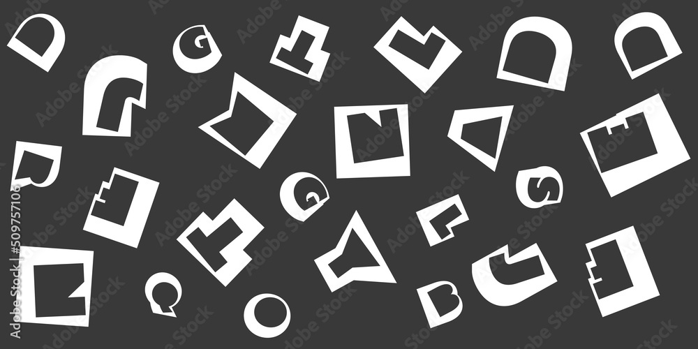 Various Black and White Randomly Placed, Sized and Oriented Art Deco Style Bold Letters Pattern - Texture on Dark Wide Scale Background, Design Element for Web or Book Covers in Editable Vector Format Various Black and White Randomly Placed, Sized and Oriented Art Deco Style Bold Letters Pattern - Texture on Dark Wide Scale Background, Design Element for Web or Book Covers in Editable Vector Format