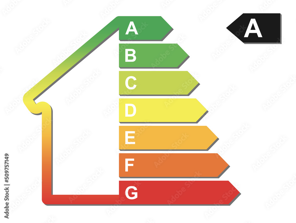building energy rating concept, energy efficient house symbol with colorful energy label, vector illustration building energy rating concept, energy efficient house symbol with colorful energy label, vector illustration