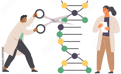 Scientist modifying DNA molecule using scissors. Genetic engineering or modification, manipulation of genes using biotechnology, molecular biology. Man conducting experiment with dna structure