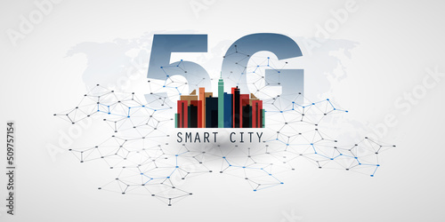 5G Network Label with Skyscrapers, Cityscape and Network Mesh - Background High Speed Broadband Mobile Telecommunication and Wireless Internet Design, New Cutting Edge Global Mobile Technology Concept