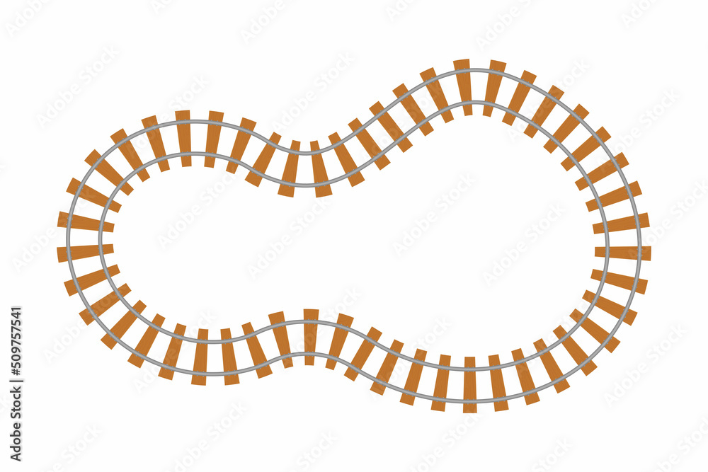 Rail way top view, train road in cartoon style isolated on white background. Curve line round railroad. 