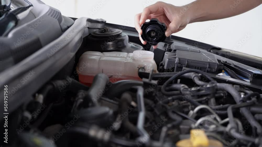 mechanic inspects the expansion tank with pink antifreeze. Vehicle coolant level in the car's radiator system. auto parts mechanic inspects the expansion tank with pink antifreeze. Vehicle coolant level in the car's radiator system. auto parts