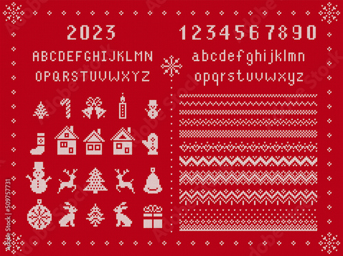 Christmas knit elements and font. Knitted seamless borders. Red Xmas texture. Fairisle ornament with type, snowflake, deer, bell, tree, snowman, gift box, candle. Sweater print. Vector illustration.