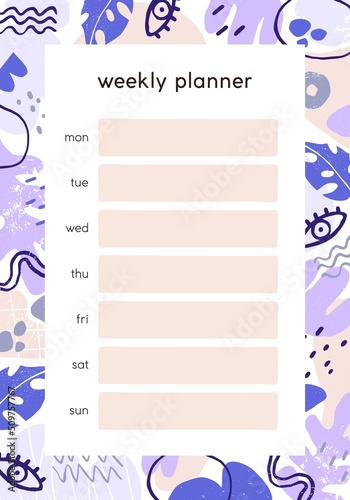 Weekly planners page template. Daily plan, schedule for week. Organizers paper design with list from Monday till Sunday, timetable background in minimalist style. Flat graphic vector illustration