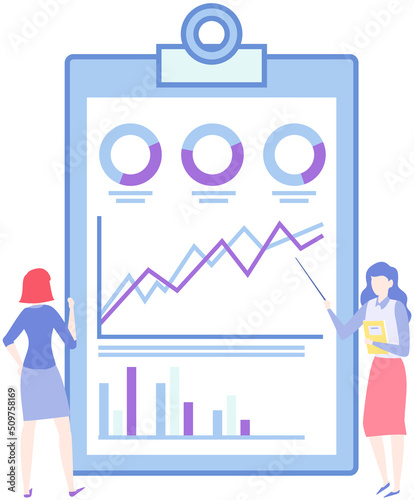 Analytics and development statistics. Web analysis measure, product testing technology. Woman analyses digital report. Statistical indicators and data on diagram. Graphic information visualization