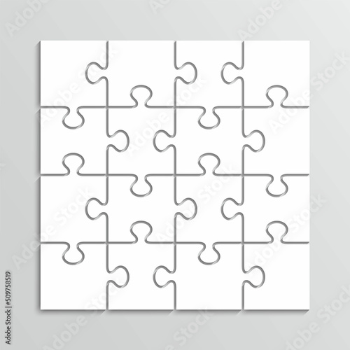 Square puzzle pieces 4x4 grid. Modern background with 16 separate shapes. Jigsaw outline grid. Scheme of thinking game. Mosaic silhouette. Cutting template. Simple frame tiles. Vector