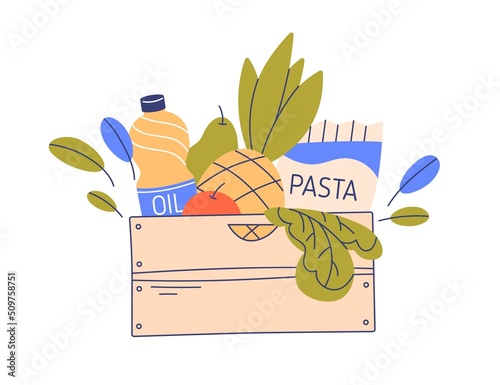 Fresh groceries, food products in wood crate. Purchases, fruits, pasta, oil in wooden box. Package container full of healthy goods. Colored flat vector illustration isolated on white background