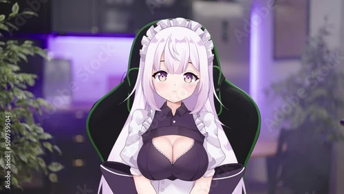 Cute 2D anime girl maid streamer vtuber on gaming chair in kitchen 4K