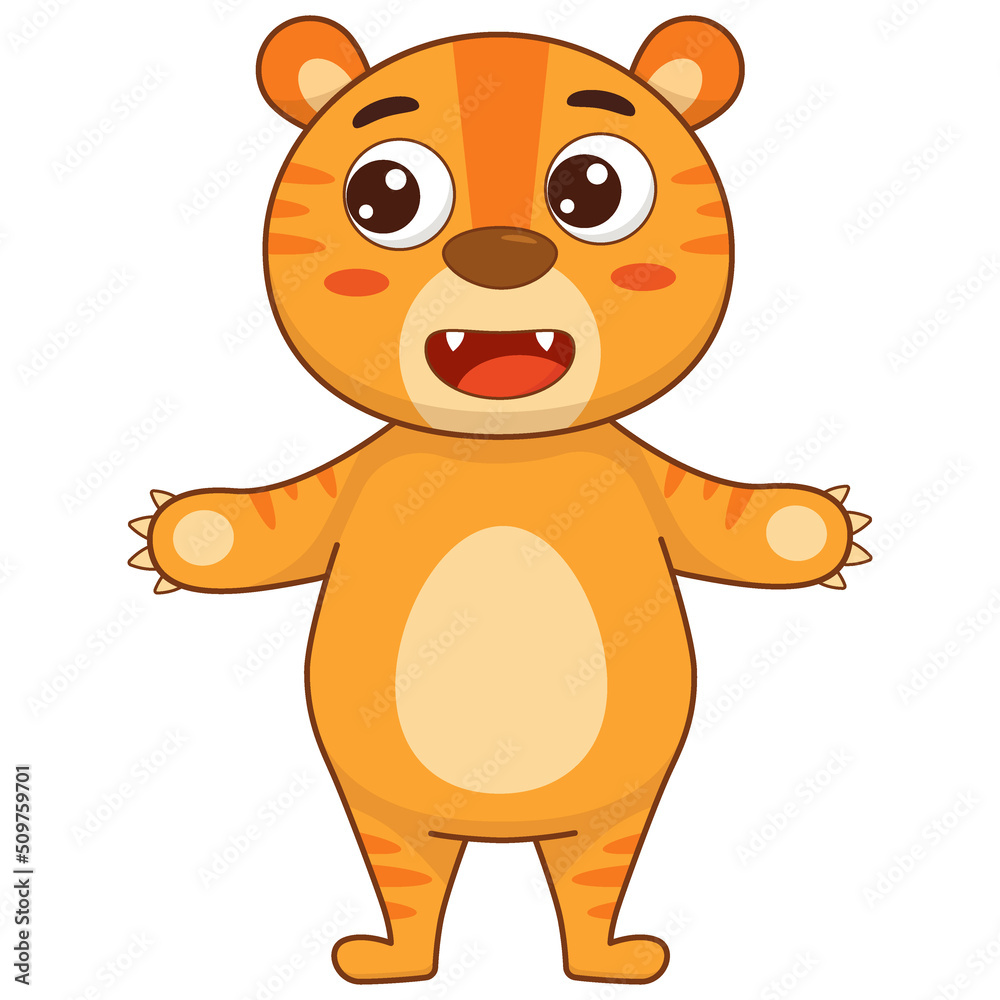 Obraz premium Cute cartoon tiger. Smiling with stripes. Children's print. Vector illustration