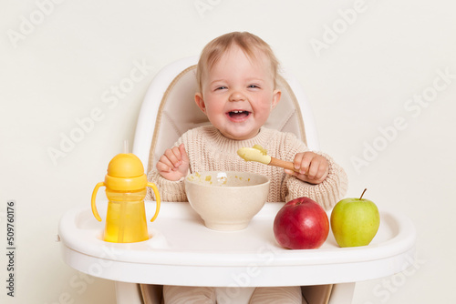 Image of deligted laughing infant baby girl dresses in beige jumper sitting in high chair and eating, isolated over white background, holding spoon in hands, enjoying tasty fruit puree.