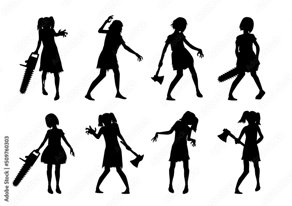 Obraz premium Collection of Zombie is girl with an ax and electric saw while standing and reaching hand action in Silhouette style. Collection of silhouette Zombie for Halloween theme.