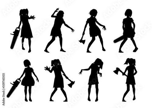 Collection of Zombie is girl with an ax and electric saw while standing and reaching hand action in Silhouette style. Collection of silhouette Zombie for Halloween theme.