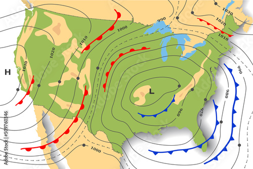 Forecast weather map of America. Topography map with geography landforms and elevation. Template of synoptic map with movement fronts cyclone and anticyclone wind in graphic chart, isobar, temperature photo